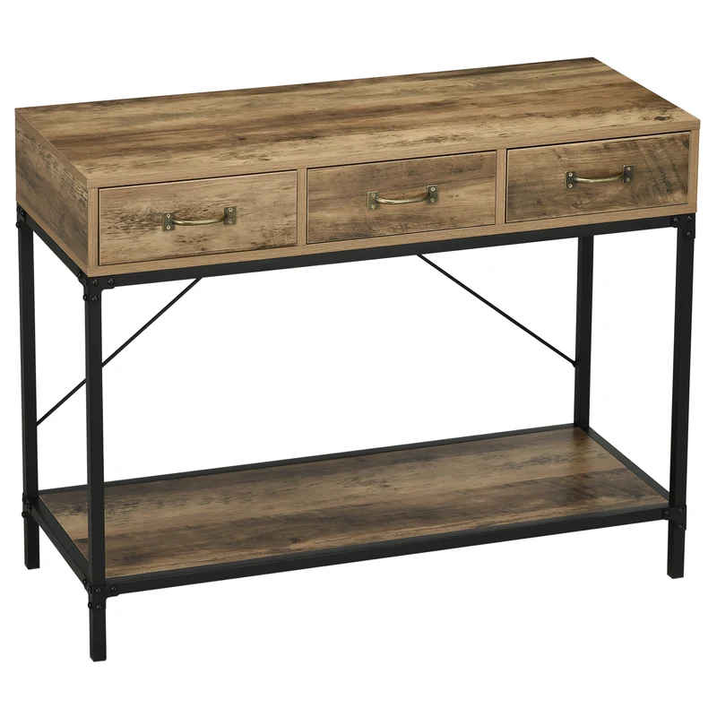 Console d'entrée industrielle 100 x 35 x 77 cm 3 tiroirs étagère épurée contemporaine en bois d'ingénierie marron clair 21_0002670