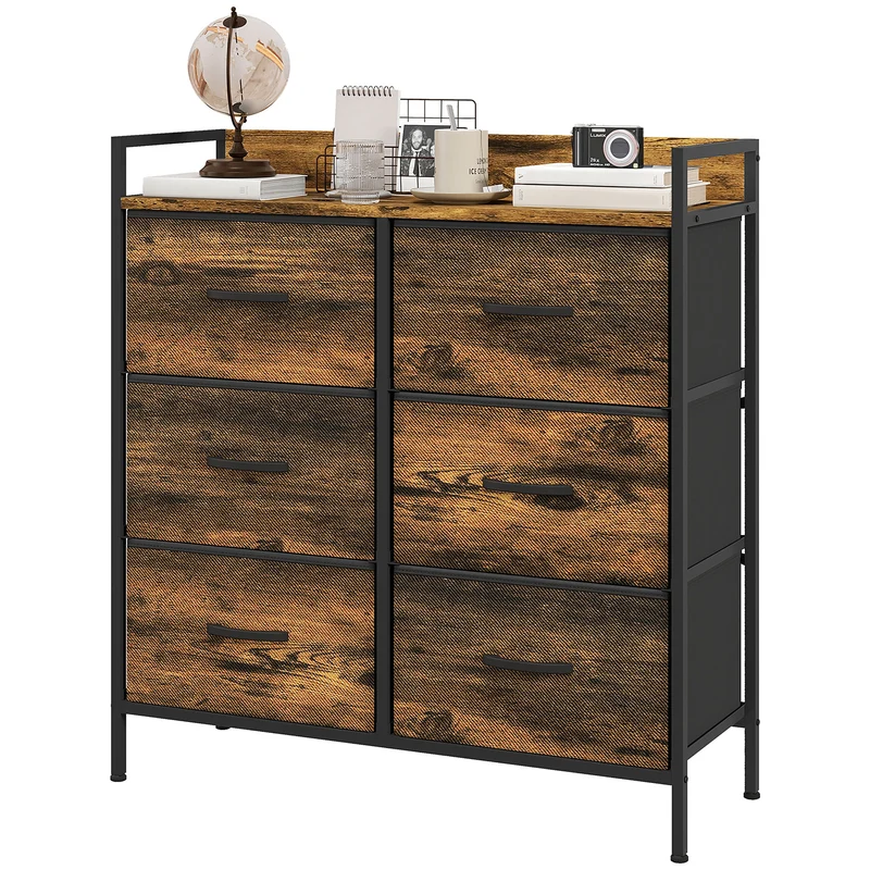 Commode de rangement pour chambre 79 x 29 x 85 cm 6 tiroirs pliables stable style industriel rustique en acier brun 21_0001601