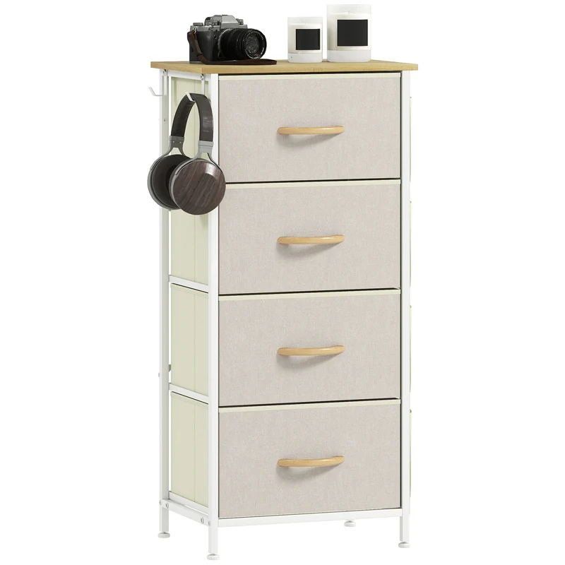 Commode chambre tissu 4 tiroirs 45 x 30 x 94,5 cm gain de place poches et crochets moderne en tissu non tissé beige 21_0003750