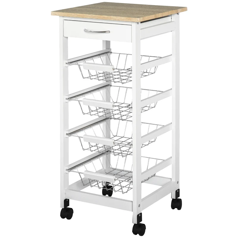 Desserte de cuisine sur roulettes 37 x 37 x 82 cm multirangements gain de place mobilité scandinave en bois de pin blanc 21_0001004
