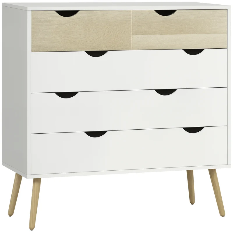 Commode 5 tiroirs rangement 99 x 39 x 101 cm tiroirs spacieux dispositif anti basculement scandinave épuré en MDF blanc 21_0001464