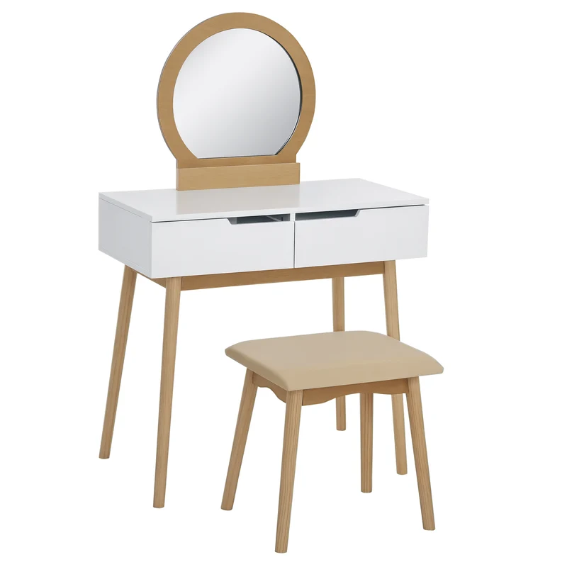 Coiffeuse chambre 80 x 40 x 125 cm miroir rond plateau 2 tiroirs avec tabouret rembourré scandinave épuré en MDF blanc 21_0001450