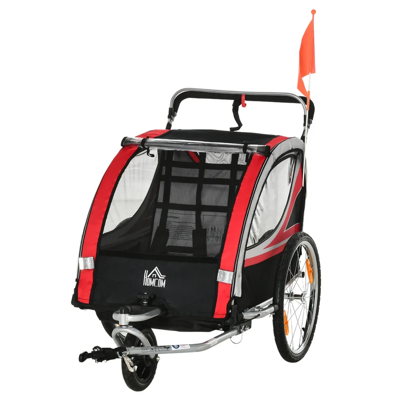 Remorque vélo convertible poussette 142 x 75 x 101 cm harnais 5 points frein à main moderne contemporain en acier rouge 21_0000761