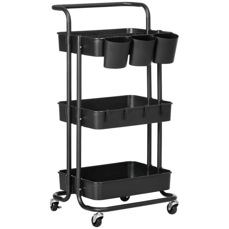 Desserte roulante cuisine 42 x 38 x 86,5 cm modulable pratique trois plateaux moderne épuré avec boîtes en acier noir 21_0005792