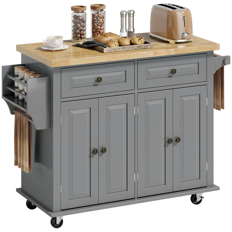 Desserte ilot de cuisine 111 x 44 x 82 cm rangements modulables sur roulettes plateau verni contemporain en MDF gris 21_0001008