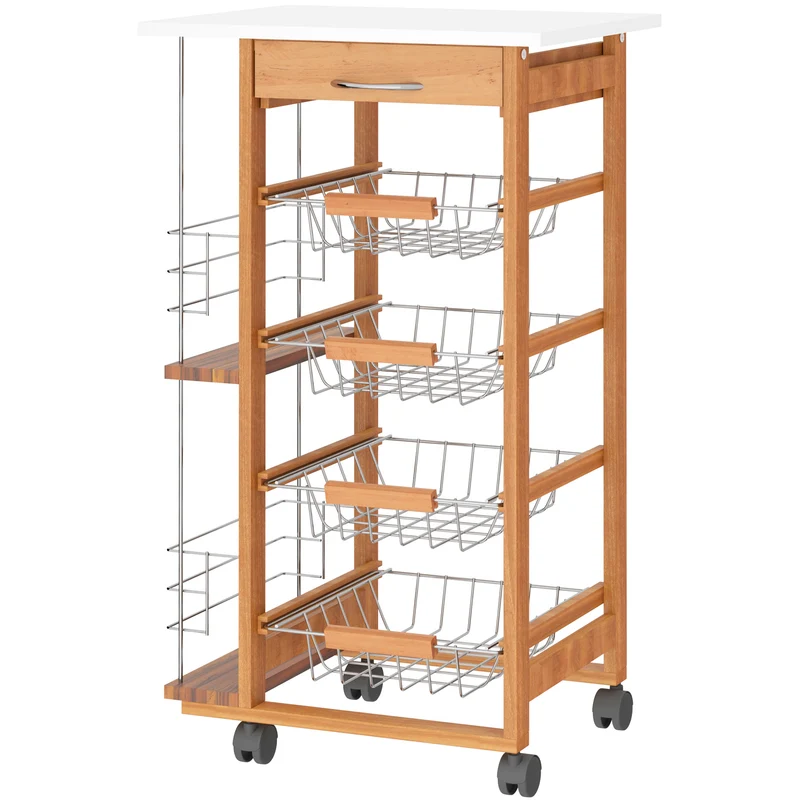Desserte cuisine à roulettes 47 x 37 x 83 cm gain de place avec tiroir 4 paniers amovibles compact épuré en bois marron 21_0000989