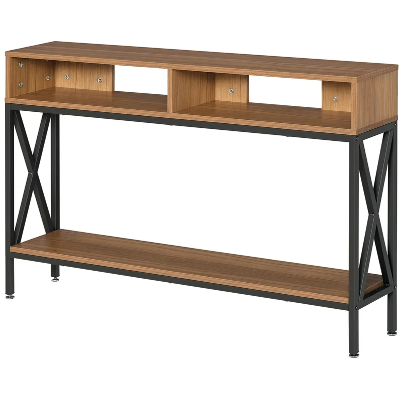 Console d'entrée multi rangements 120 x 23.5 x 75 cm étagère basse gain de place industriel en panneau de particule noyer 21_0002610