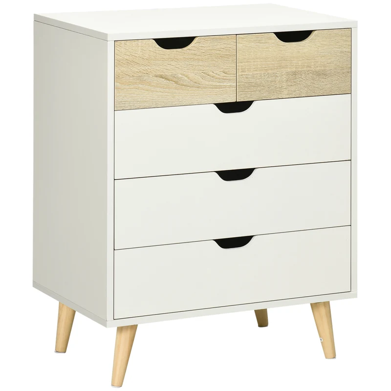 Commode 5 tiroirs chambre 60 x 40 x 77,5 cm spacieux anti-basculement scandinave épuré en panneau de particules blanc 21_0001530