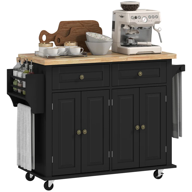 Desserte îlot de cuisine multi rangements 111 x 44,5 x 82,5 cm roulettes rangement réglable contemporain en MDF noir 21_0001007