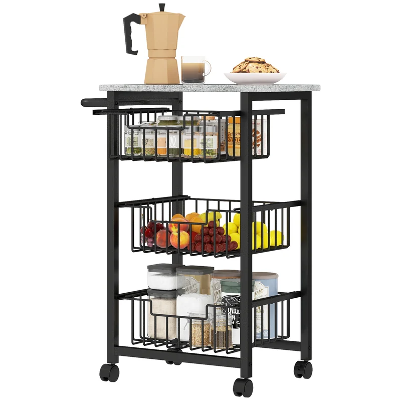 Desserte à roulettes 49.5 x 31 x 69 cm paniers coulissants freins pratiques style contemporain cuisine en MDF gris clair 21_0001048