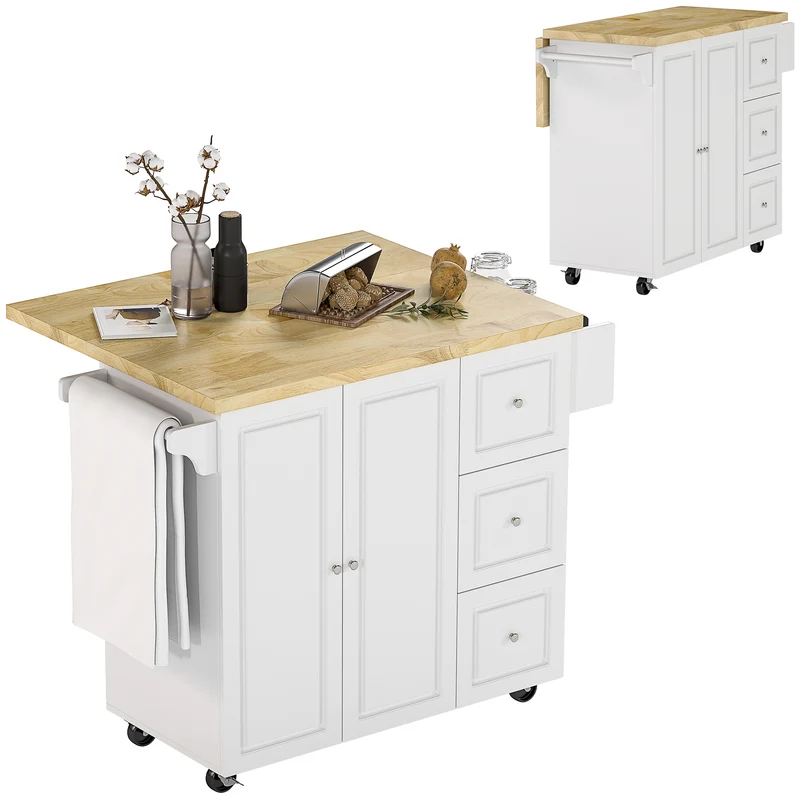 Desserte îlot de cuisine multi rangements 111.5 x 75 x 89 cm sur roulettes gain de place cosy chic en MDF blanc 21_0001011