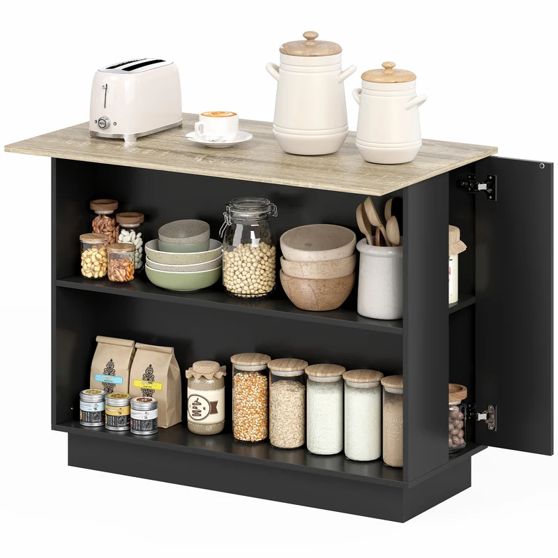 Desserte îlot de cuisine 105 x 60 x 82 cm grand plateau 2 étagères réglables 2 placards moderne épuré en mélamine noir 21_0001043