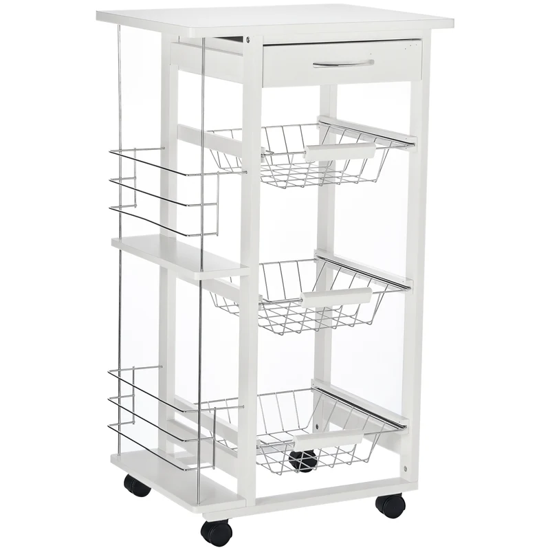 Desserte de cuisine sur roulettes 47 x 37 x 83 cm gain de place pratique 3 paniers style scandinave en bois de pin blanc 21_0000996