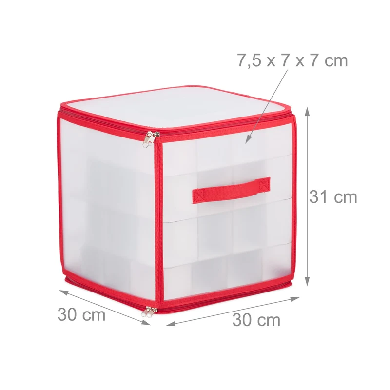 Boîte de rangement transparente pour boules de Noël 31 x 30 x 30 cm avec séparateurs amovibles en plastique rouge 13_0015807