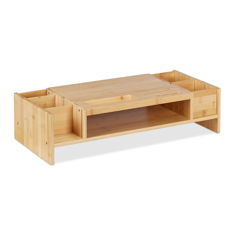 Support moniteur ergonomique modulable bureau rangement accessoires 70 x 25 x 10 cm en bambou naturel 13_0011239