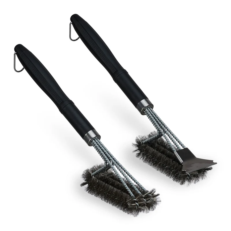 Lot de 2 brosses de nettoyage barbecue ergonomiques avec grattoir 38 x 10 x 6 cm en acier inoxydable noir 13_0015504