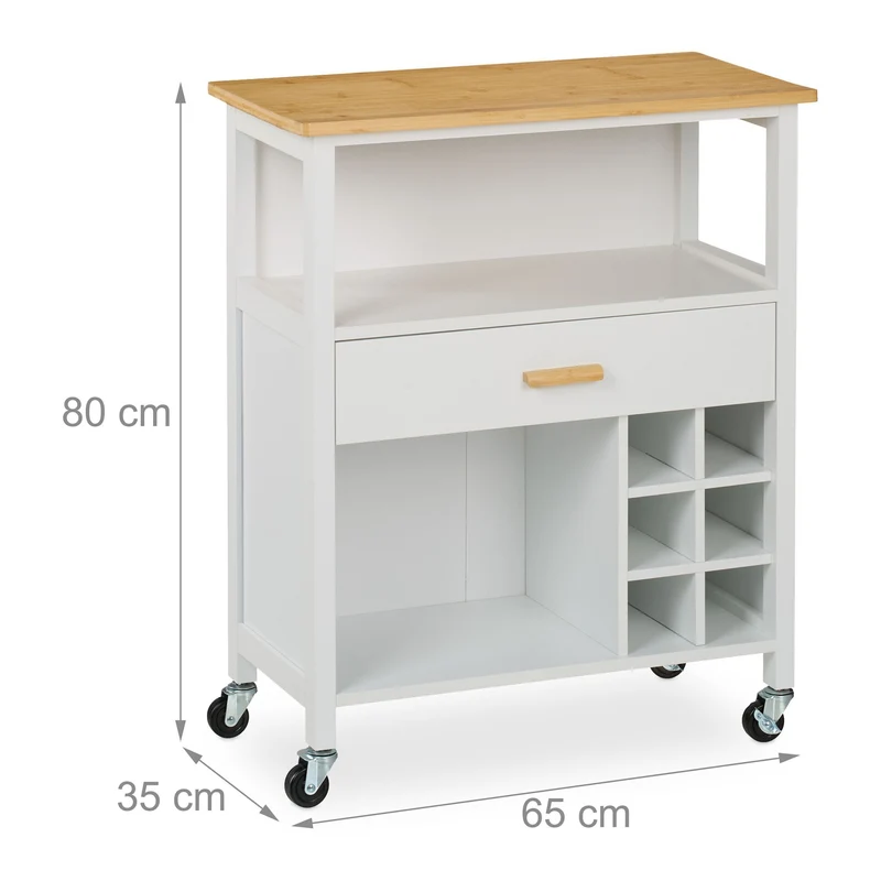 Desserte de cuisine chariot de service 80 x 65 x 35 cm avec tiroir pratique et rangement bouteilles en MDF blanc 13_0016711