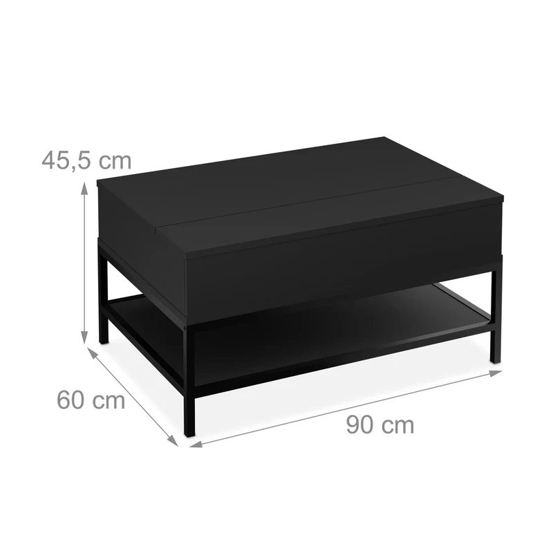 Table basse polyvalente avec plateau relevable 90 x 60 x 45,5 cm rangement pratique design moderne en métal noir 13_0015804