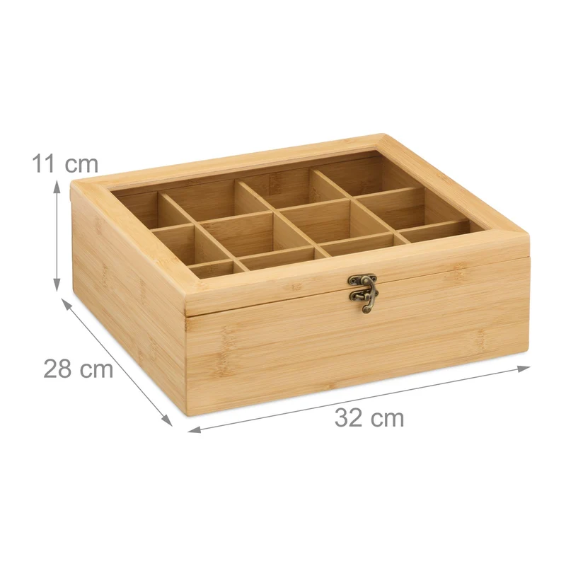 Boîte à thé 12 compartiments design pratique maison fenêtre rangement épuré en bambou naturel 13_0016598