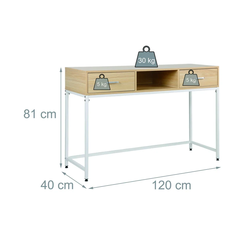Console scandinave multifonctionnelle avec deux tiroirs 80 x 120 x 40 cm en MDF blanc naturel 13_0017948