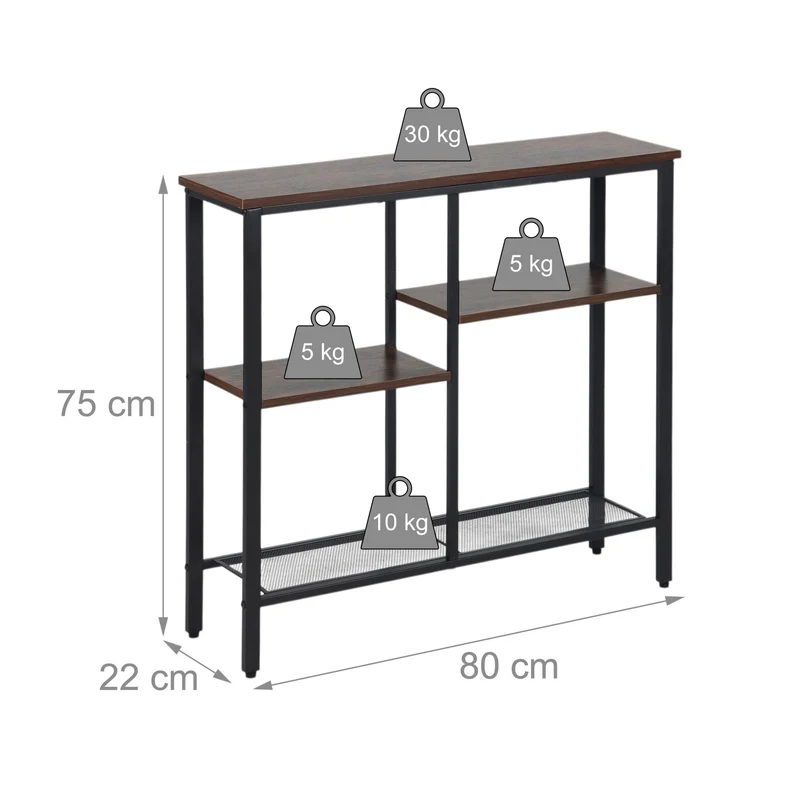 Console étroite design industriel entrée 75 x 80 x 22 cm avec 4 étagères pratiques en MDF marron 13_0017932