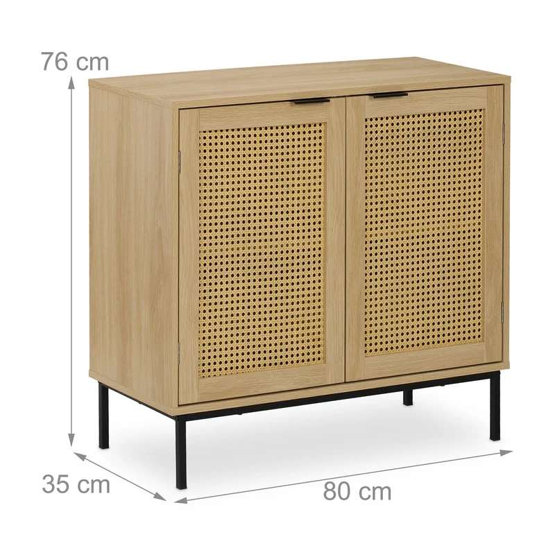 Buffet étroit en bois style naturel pour salon salle à manger 90 x 40 x 80 cm avec 2 portes en rotin en bois naturel 13_0016436