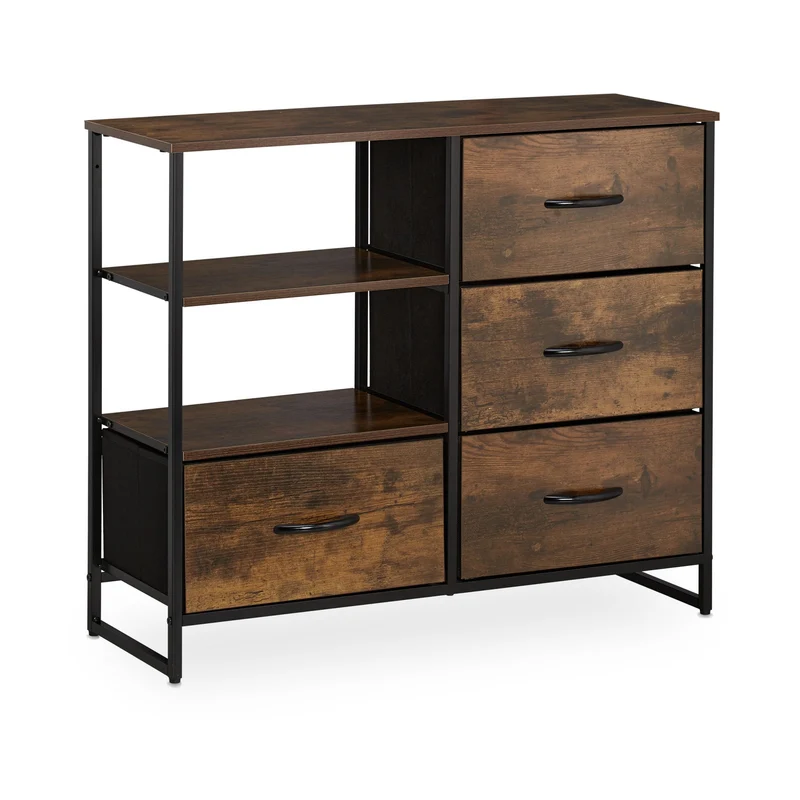 Commode de rangement style industriel avec 4 tiroirs et surfaces ouvertes 90 x 30 x 80 cm en bois marron 13_0010888