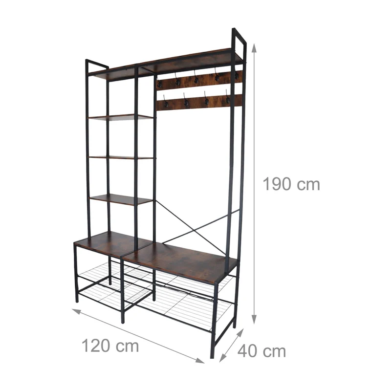 Dressing design industriel meuble d'entrée avec banc 120 x 40 x 180 cm en métal brun vintage 13_0017682