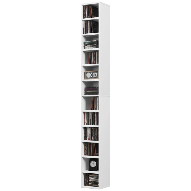 Colonne de rangement cd et dvd haute 21 x 20 x 175 cm gain de place fixation murale sécurisée moderne épuré en MDF blanc 21_0001697