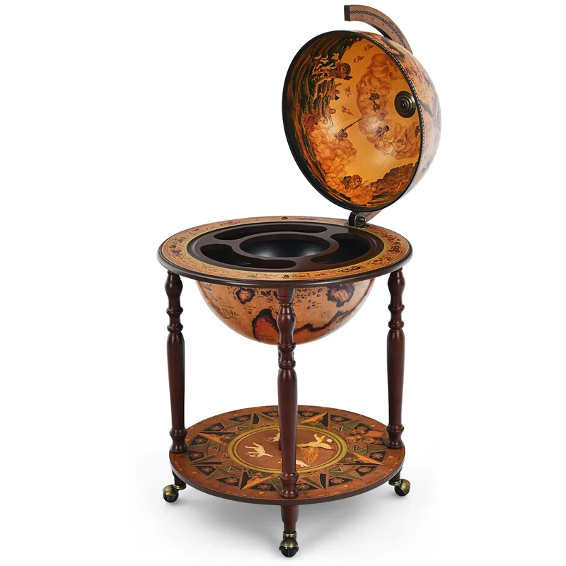 Bar globe rétro avec espace pour 5 bouteilles et roulettes pratiques 45 x 60,5 x 95,5 cm en MDF marron 20_0019475