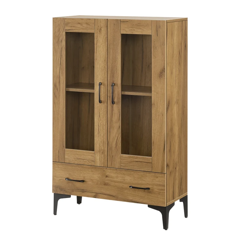 Armoire étagère meuble de rangement vitrée 115 x 70 x 31 cm effet chêne 03_0008940
