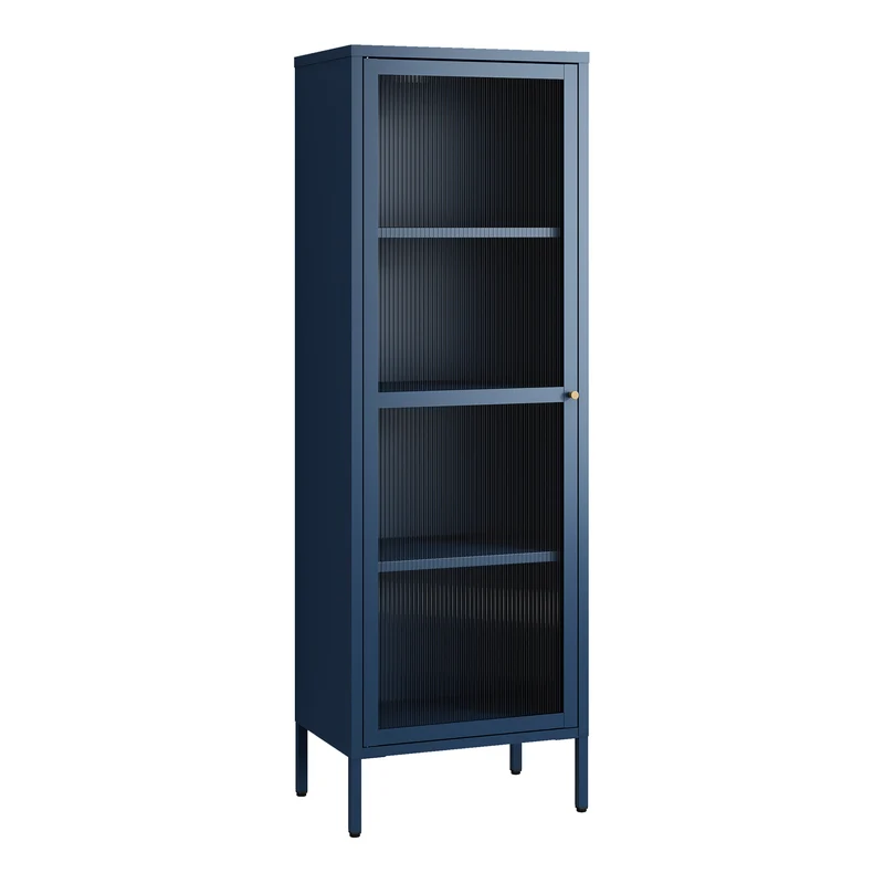Armoire étagère meuble de rangement vitrée acier verre 150 x 50 x 35 cm bleu marine 03_0008931
