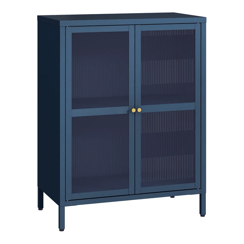 Buffet commode meuble de rangement salon entré chambre acier verre ondulé 84 x 64 x 35 cm bleu marine 03_0009041