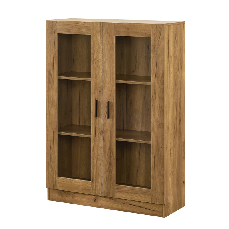 Armoire étagère meuble de rangement vitrée 115 x 80 x 31 cm effet chêne 03_0008930