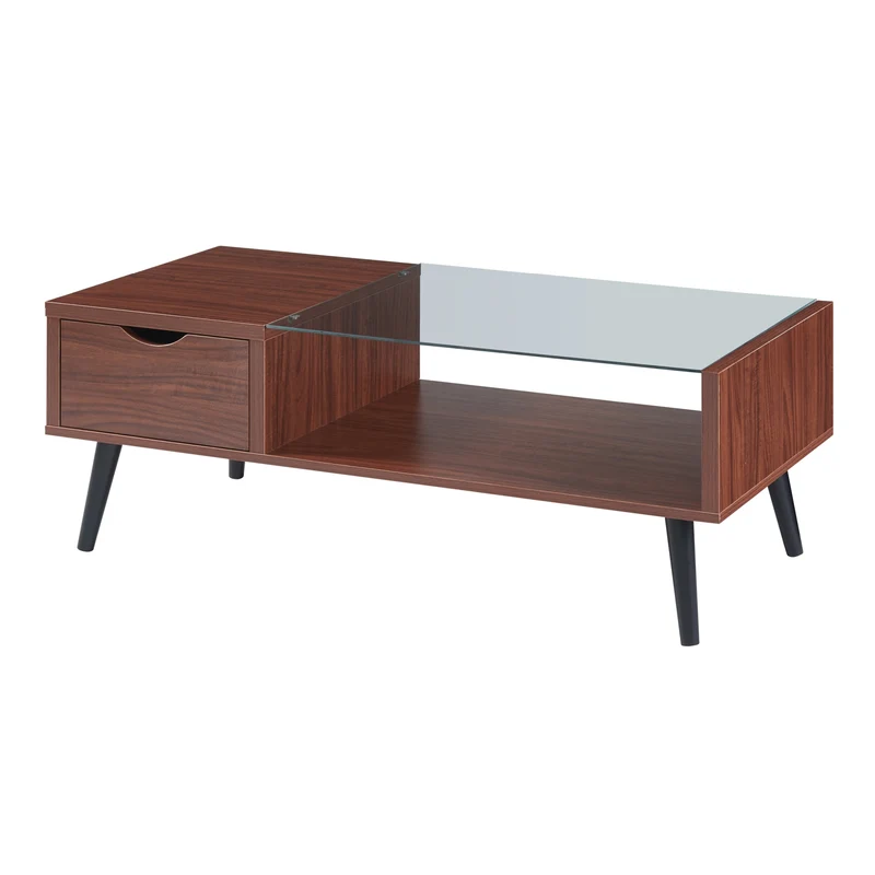 Table basse console d'appoint de salon aryd avec tiroir et étagère panneau de particules verre 110 x 50 x 40 cm effet noyer 03_0010779