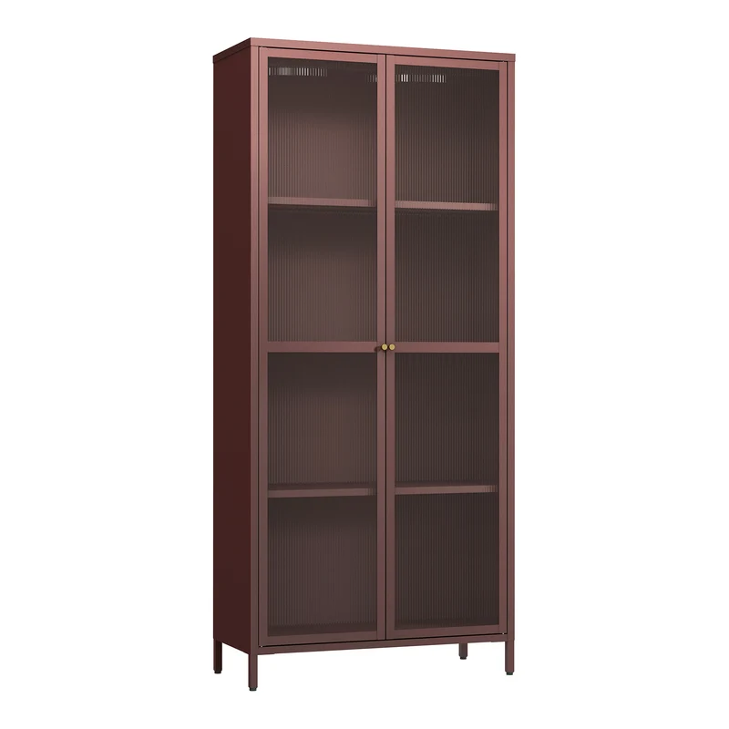 Armoire étagère meuble de rangement vitrée acier verre 180 x 80 x 35 cm rouge bordeaux 03_0008937