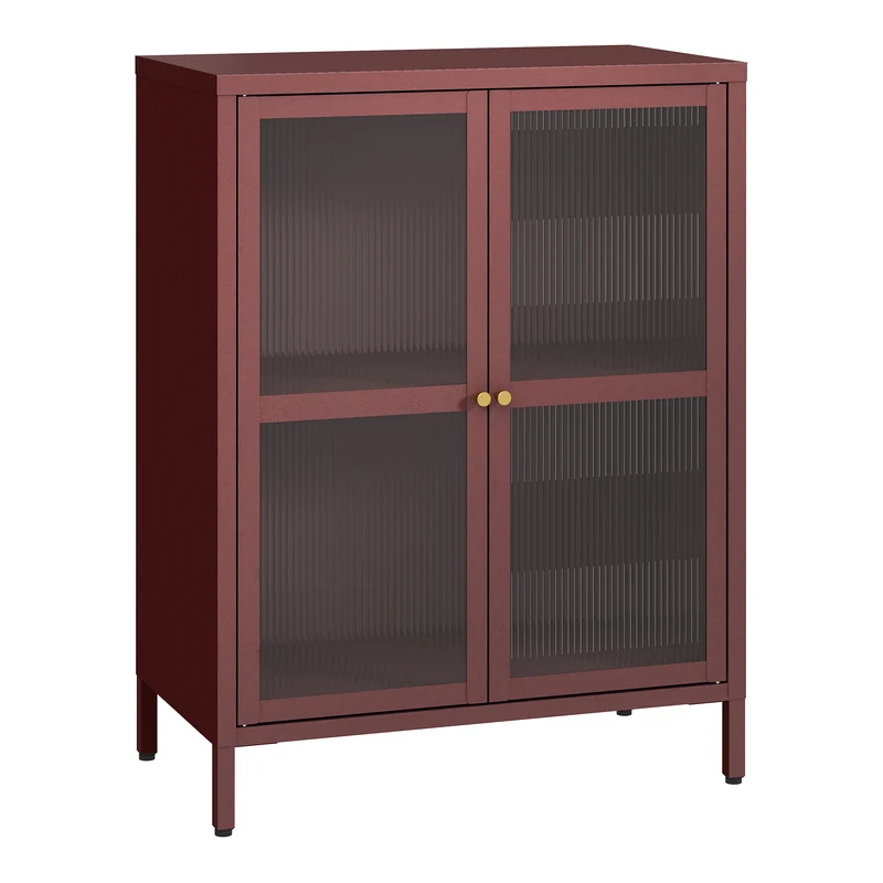 Buffet commode meuble de rangement salon entré chambre acier verre ondulé 84 x 64 x 35 cm rouge bordeaux 03_0009042