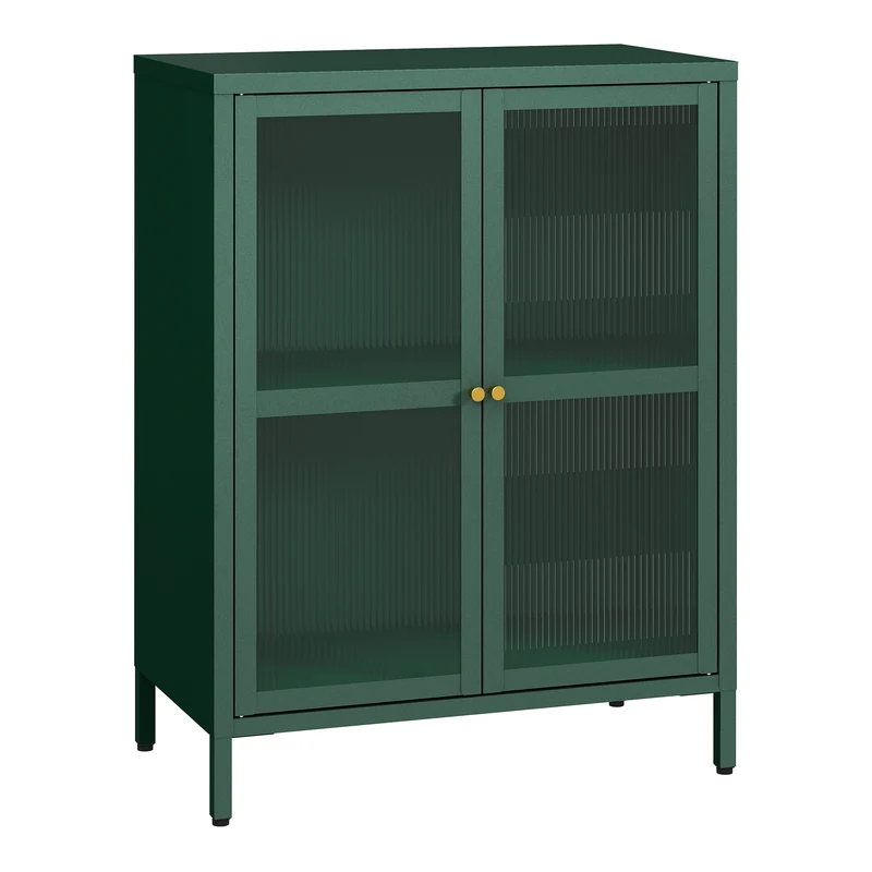 Buffet commode meuble de rangement salon entré chambre acier verre ondulé 84 x 64 x 35 cm vert sapin 03_0009043