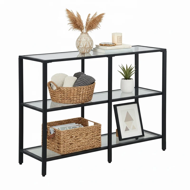 Console étroite moderne pour entrée salon 73 x 100 x 30 cm pratique avec 3 étagères en verre transparent 13_0017954