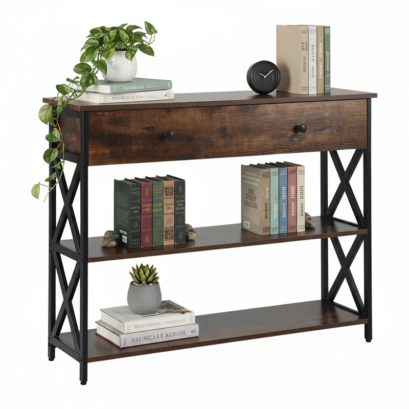 Console étroite moderne avec tiroir et 3 étagères 80 x 100 x 30 cm en MDF marron 13_0017953
