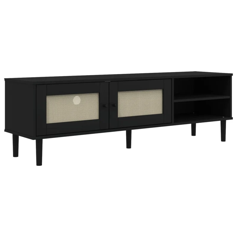 Meuble TV multimédia étagère télévision buffet téléviseur salle à manger salon chambre SENJA aspect rotin 158 x 40 x 49cm bois massif pin noir 02_0028317