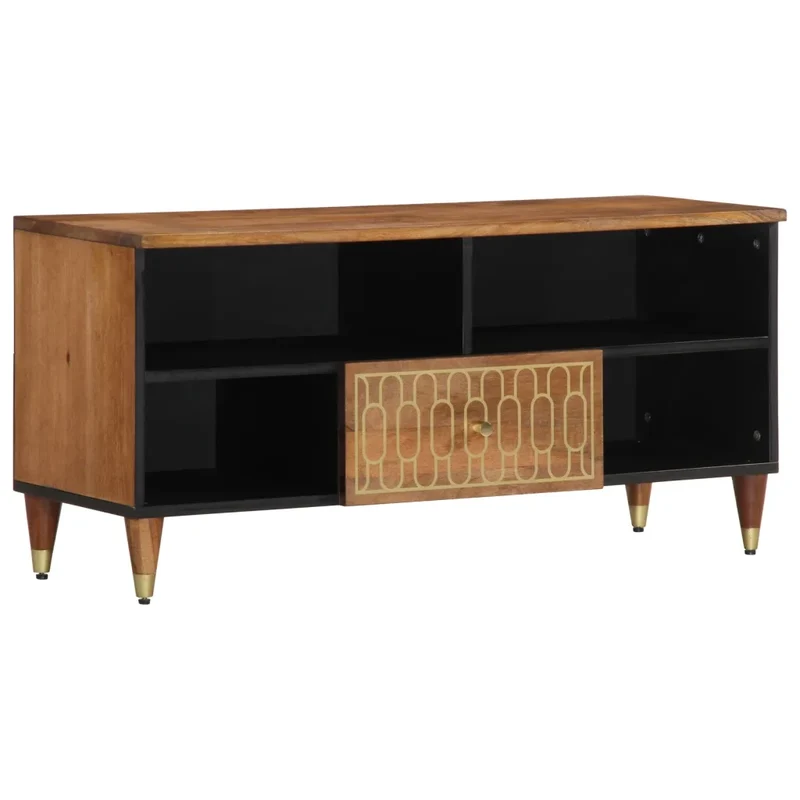 Meuble TV rétro bois massif 100 x 33 x 46 cm rangement spacieux motifs floraux en bois de manguier marron 02_0047310