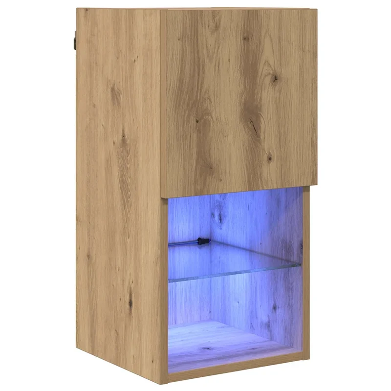 Meuble TV mural moderne 30,5 x 30 x 60 cm avec éclairage LED ambiance cosy en bois d'ingénierie chêne artisanal 02_0052806