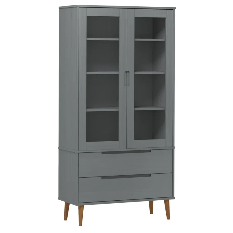Armoire à vitrine grande scandinave rangement 90 x 35 x 175 cm en bois de pin massif gris 02_0047122
