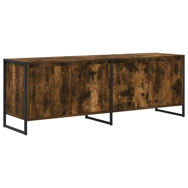 Meuble TV rectangulaire moderne industriel avec 4 portes 140 x 36 x 49.5 cm en bois d'ingénierie chêne fumé 02_0054543