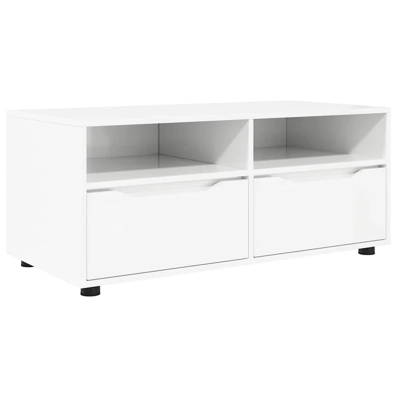 Meuble TV moderne rectangulaire avec tiroirs et étagères 100 x 48 x 43 cm en bois d'ingénierie blanc brillant 02_0054665