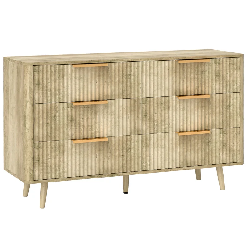 Commode 6 tiroirs scandinave 120 x 40 x 76 cm rangement spacieux sécurité anti basculement épuré design en MDF chêne 21_0001674