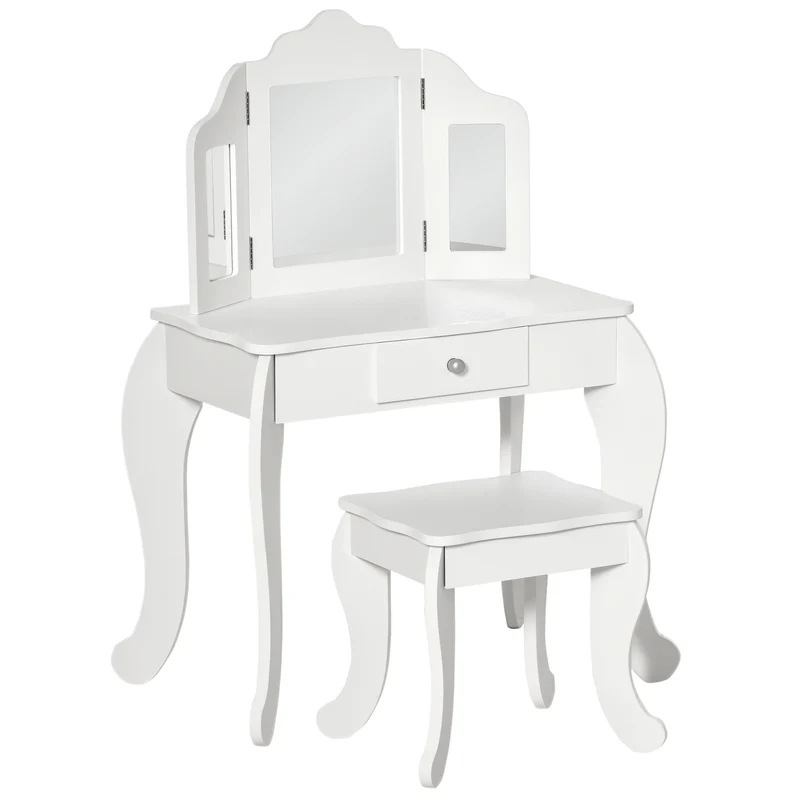Coiffeuse enfant 2 en 1 avec tabouret miroir triptyque tiroir coulissant 63 x 40 x 85,5 cm design épuré en MDF blanc 21_0000144