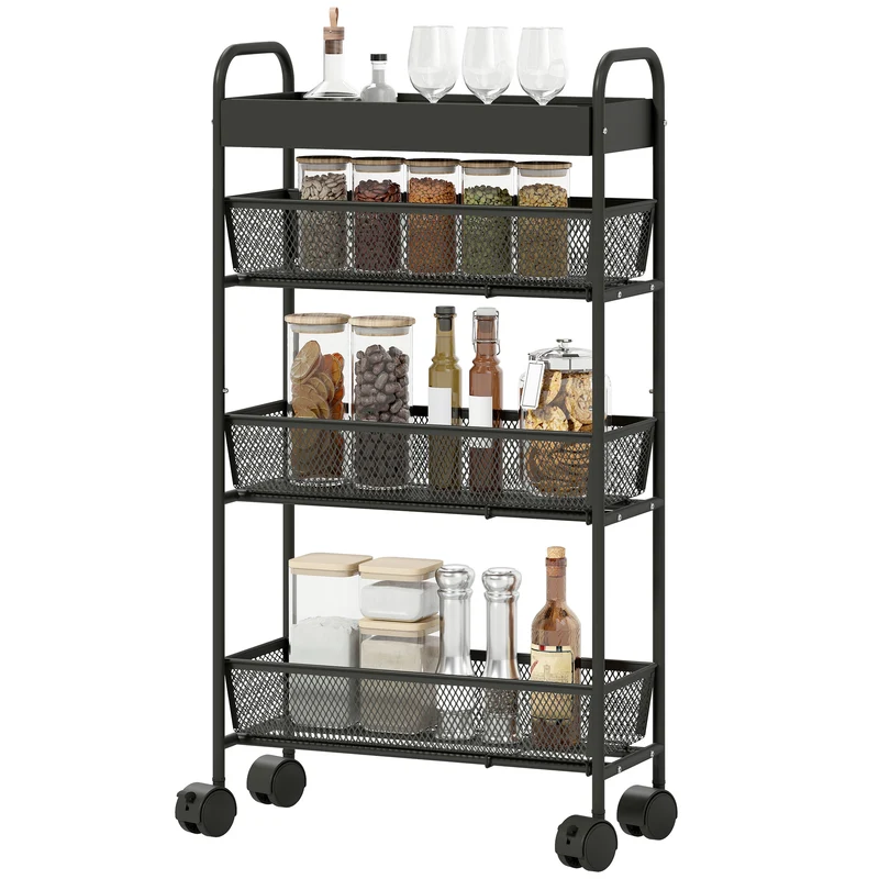 Chariot de rangement à roulettes cuisine 19 x 43.2 x 80 cm gain de place paniers coulissants contemporain en métal noir 21_0001063