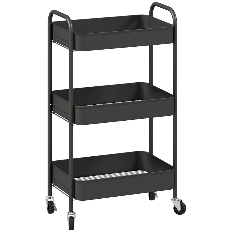Desserte chariot de rangement cuisine 45 x 30,6 x 79 cm gain de place 3 plateaux pratique moderne compact en acier noir 21_0005848